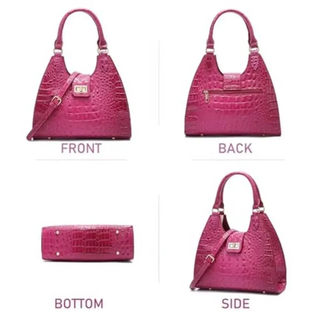 Ladies Tote Dark Pink Vegan Leather Bags Crocodile Embossed Zipper Satchel Purse